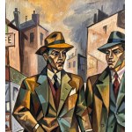 UNIDENTIFIED SIGNATURE, two elegant male figures with an urban landscape