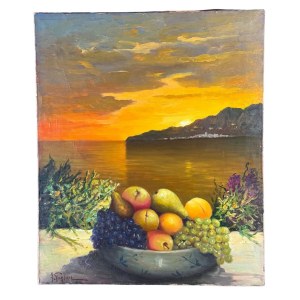 Fortunato Pugliese, Nature morte avec paysage marin au coucher du soleil - Fortunato Pugliese