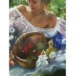 ANONIMO, Junge Frau, die mit einem Sonnenschirm im Park liegt