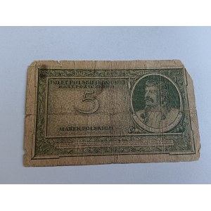 BILLET DE CINQ MARKS POLONAIS, VARSOVIE, 7 MAI 1919. BILLET DE LA CAISSE NATIONALE DE PRÊT POLONAISE