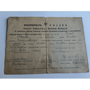CERTIFICATE OF RECEIPT OF A LAND ALLOTMENT, HYŻNE CZUDEC, RZESZÓW, MINISTRY OF AGRICULTURE AND AGRICULTURAL REFORMS, STAMPED 1944