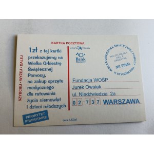 POSTCARD FOR THE 12TH WOŚP FUNDRAISER BY POLISH POST