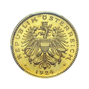 Ist Republic, 1919-1938. 20 Kronen 1924, Vienna. Obv. REPUBLIK ÖSTERREICH...