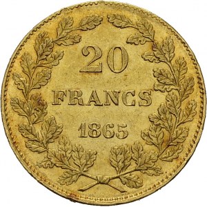 Royaume. Léopold Ier, 1831-1865. 20 Francs 1865, Bruxelles. KM 23; Fr. 411. AU...