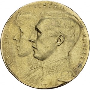 Albert Ier, 1909-1934. Médaille en or 1914 par Baetes. Albert et Elisabeth. AU...