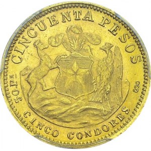 Republic, 1818-. 50 Pesos (Cinco Condores) 1926 So, Santiago. KM 169; Fr. 55...