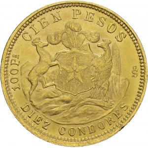 Republic, 1818-. 100 Pesos (Diez Condores) 1926 So, Santiago. Fr. 54; KM 170...