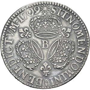Louis XIV, 1643-1715. Ecu aux trois couronnes 1709 B, Rouen. Gad. 229; Dr. 378...