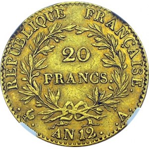 Consulat, 1799-1804. 20 Francs AN 12 A, Paris. Gad. 1020; F. 510. AU. 6.45 g...