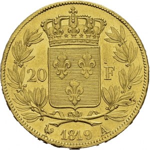 Louis XVIII, 1814-1824. 20 Francs 1819 A, Paris. Gad. 1028; F. 519. AU. 6.43 g...