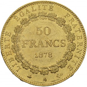 IIIe République, 1871-1940. 50 Francs 1878 A, Paris. Av. REPUBLIQUE FRANÇAISE...