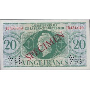 Ve République, 1958-. 20 Francs 2 FEV 1944. Spécimen. Numéro de série LD 451...