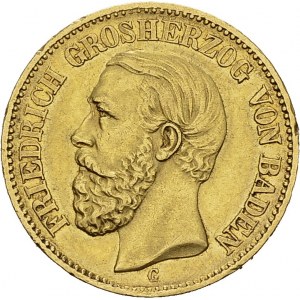 Baden. Friedrich I, 1858-1907. 20 Mark 1873 G, Kalsruhe. KM 261; Fr. 3752. AU...