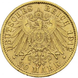 Friedrich II, 1907-1918. 20 Mark 1912 G, Karlsruhe. KM 284, Fr. 3760. AU. 7...
