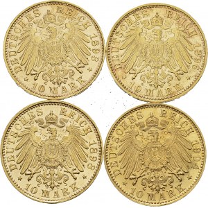 Otto, 1886-1913. Lot of 4 coins : 10 Mark 1893 D (UNC cleaned), 1896 D (AU)...
