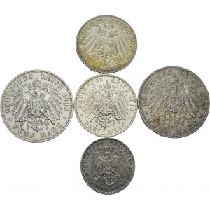 Saxony. Lot of 5 coins : Albert, 2 Mark 1899 E, 5 Mark 1895 E...
