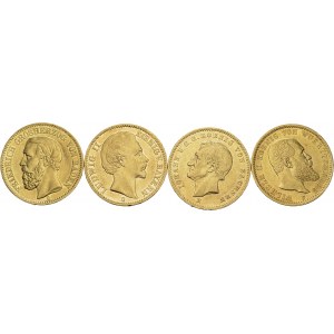 Lot of 4 coins : BADEN. 20 Mark 1873 G; BAVARIA, 20 Mark 1873 D; SAXONY...