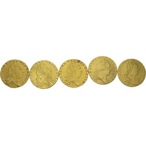 George III, 1760-1820. Lot of 5 coins : Guinea 1784, 1797, 1795, 1797 (2)...