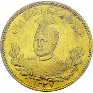 Ahmad Shah, 1909-1925. 10 Tomans AH 1337 (1919). Obv. Shah's bust facing left...
