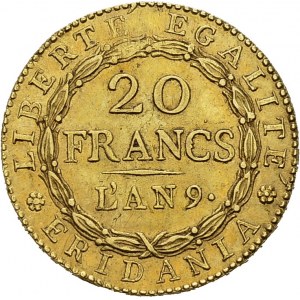Piemonte. Repubblica Subalpina, 1800-1802. 20 Francs AN 9 (1800), Torino. Obv...