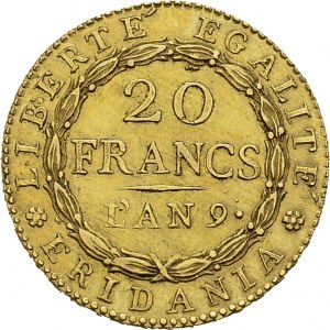 Piemonte. Repubblica Subalpina, 1800-1802. 20 Francs AN 9 (1800), Torino. KM 5...