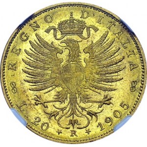 Vittorio Emanuele III, 1900-1946. 20 Lire 1905 R, Roma. KM 37.1; Fr. 24. AU. 6...