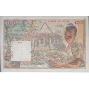 Banque Nationale du Laos. 100 Kip ND (1957). Specimen. Serial number O.000 ...