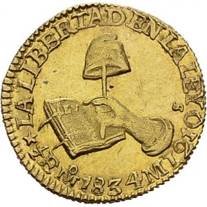 Republic, 1824-1835. ½ Escudo 1834 Mo ML, Mexico. KM 378.5; Fr. 107. AU. 1.66 g...
