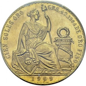 Republic, 1821-. 100 Soles 1969, Lima. KM 231; Fr. 78. AU. 46.81 g. 540 ex...