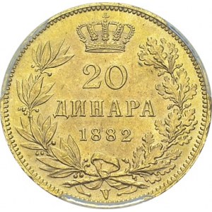 Milan I, 1882-1889. 20 Dinara 1882 V, Vienna KM 17.1; Fr 4. AU. 6.45 g...