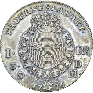 Gustav III, 1771-1792. Riksdaler 1776 OL, Stockholm. KM 514: Dav. 1735. AR. 29...
