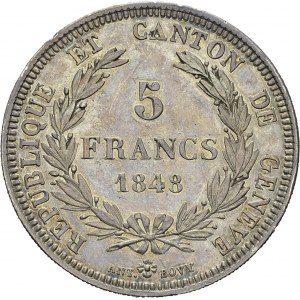 Genève / Genf. République, 1813-1848. 5 Francs 1848. Av. POST TENEBRAS LUX...