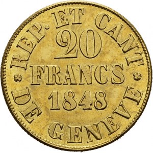 Genève / Genf. 20 Francs 1848. Dem. 710; HMZ 2-361a. AU. 7.64 g. 3421 ex...