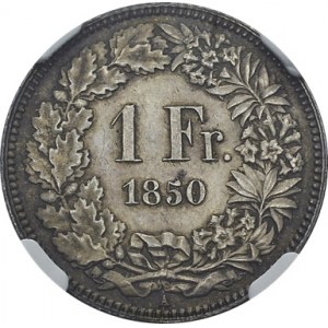 Confederation, 1848-. 1 Franc 1850 A, Paris. HMZ 2-1203a; KM 9. AR. 5.00 g...