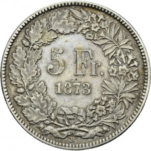 Confederation, 1848-. 5 Francs 1873 B, Bern. HMZ 2-1197c; KM 11. AR. 24.86 g...
