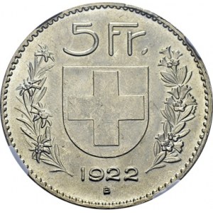 Confederation, 1848-. 5 Francs 1922 B, Bern. HMZ 2-1199a; KM 37. AR. 25.00 g...