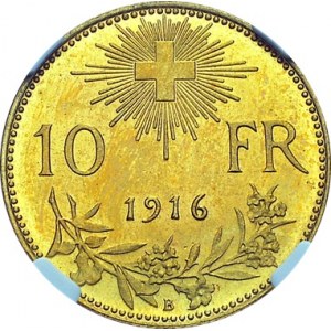 Confederation, 1848-. 10 Francs 1916 B, Bern. HMZ 2-1196f; KM 36. AU. 3.23 g...