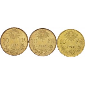 Confederation, 1848-. Lot of 3 coins : 10 Francs 1912 B, 1915 B, 1916 B. Total ...