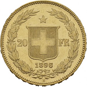 Confederation, 1848-. 20 Francs 1896 B, Bern. HMZ 2-1194n; KM 31.3. AU. 6.45 g...