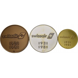Lot of 3 medals 1981 in gold, silver and bronze. 50th anniversary of Swissair...