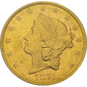 20 Dollars 1874 S, San Francisco. KM 74.2; Fr. 175. AU. 33.44 g...