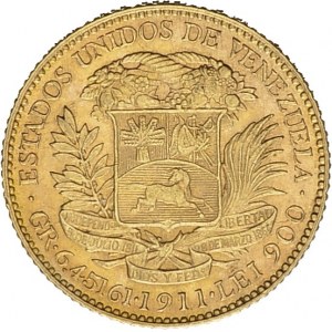 Republic, 1811-. 20 Bolivares 1911. KM 32; Fr. 5c. AU. 6.45 g...