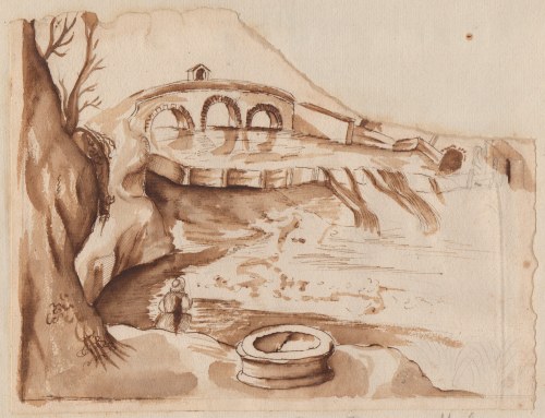 Pier Francesco Mola (stile di) (Coldrerio, 1612 - Roma, 1666), Landscape with bridge