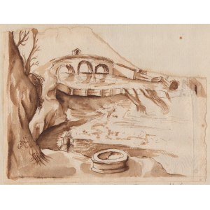 Pier Francesco Mola (stile di) (Coldrerio, 1612 - Roma, 1666), Paesaggio con ponte