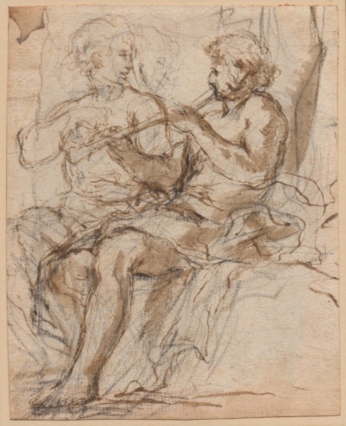 Pier Francesco Mola (circle of) (Coldrerio, 1612 - Roma, 1666), Study with two figures, one with a flute