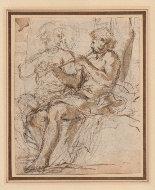 Pier Francesco Mola (circle of) (Coldrerio, 1612 - Roma, 1666), Study with two figures, one with a flute