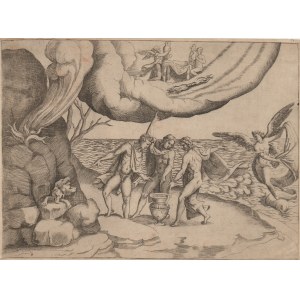 Giulio Bonasone (1498 ca. - 1576 ca.), Jupiter, Neptune and Pluto divide the universe, after Giulio Romano