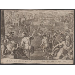 Philip Galle (1537 - 1612), Fishing in the Arno with nets, after Giovanni Stradano