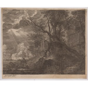 Aegidius Sadeler II (Anversa, 1568 - Praga, 1629), Landscape with a Large Tree and a Fisherman, after Roelandt Savery