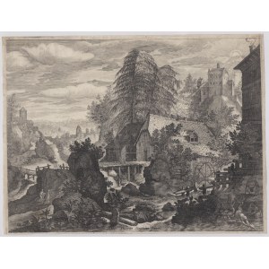Aegidius Sadeler II (Anversa, 1568 - Praga, 1629), Mountainous Landscape with Mill, after Pieter Stevens